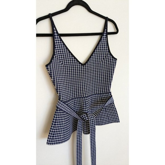 SCANLAN THEODORE Crepe Knit Plaid Strappy Top in Navy Blue, Small/8 - Picture 4 of 9